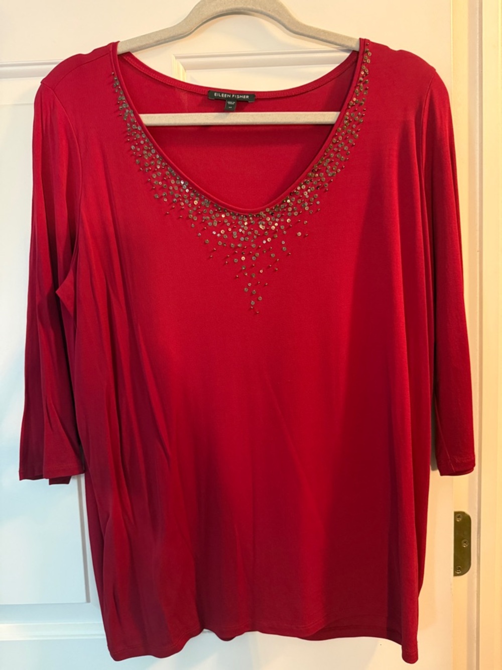 Eileen Fisher silk Red Long-Sleeve Scoop Neck Top with Rhinestone Detail